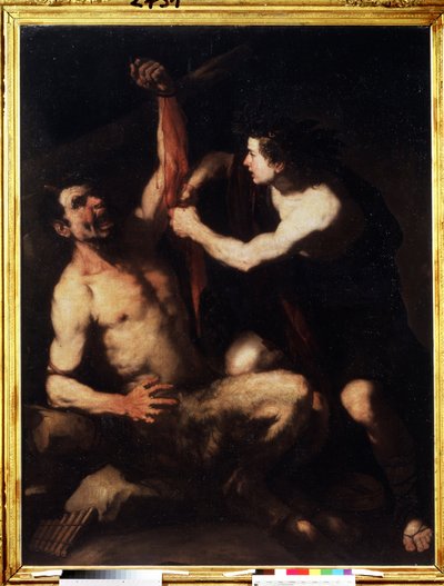 "Apolo y Marsias" Apolo, después de haber ganado el desafío contra Marsias, lo hace desollar y luego lo arroja a una cueva. Pintura de Luca Giordano (1632-1705) 1650 aprox. El manierismo. Museo Pushkin, Moscú de Luca Giordano