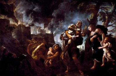 Eneas huyendo de Troya, llevando a Anquises. Pintura de Luca Giordano (1675-1680) Génova, Galleria Nazionale di Palazzo Spinola de Luca Giordano