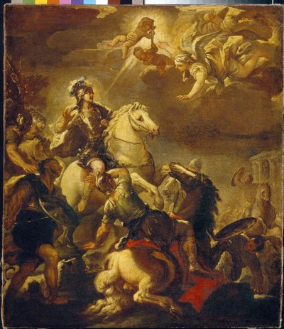 La aparición de la cruz al emperador Constantino (Flauius Valerius Aurelius Constantinus, 272-306). (La aparición de la cruz al emperador Constantino). Pintura de Luca Giordano (1632-1705), óleo sobre lienzo, hacia 1680. Arte italiano (Nápoles) de Luca Giordano