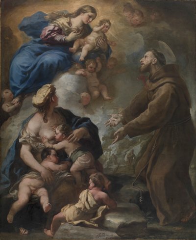La Virgen y el Niño apareciendo a San Francisco de Asís, 1680s de Luca Giordano