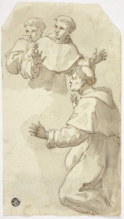 Tres monjes sobresaltados, uno de rodillas, dos de pie de Luca Giordano