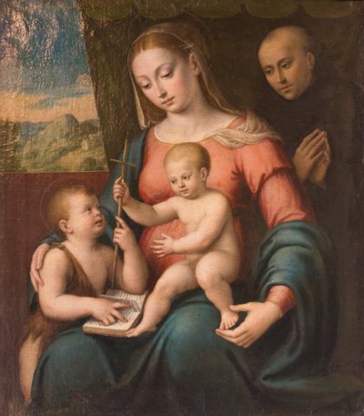 Virgen con el Niño, el Joven San Juan y un San Nicolás de Tolentino (óleo sobre lienzo) de Luca Longhi