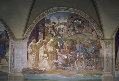 Benedicto descubre el engaño de Totila, escena de la Vida de San Benito de Luca Signorelli