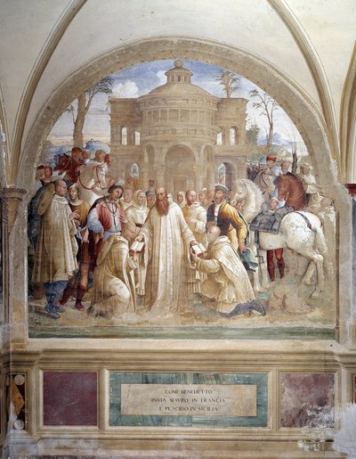 Benedicto envía a Maurus a Francia y a Placid a Sicilia (detalle) de Luca Signorelli