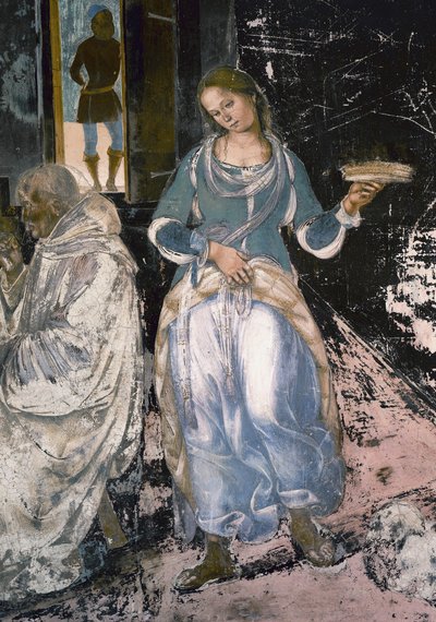 Benedicto diciendo a dos monjes cuándo y dónde han comido fuera del monasterio de Luca Signorelli