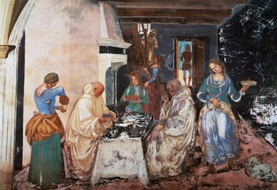 Benedicto dice a los monjes dónde y cuándo comieron mientras estaban fuera del Monasterio de Luca Signorelli