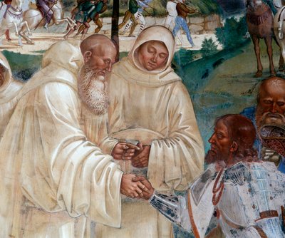 Benedicto recibe a Totila quien vino a disculparse por haber puesto a prueba a Benito (detalle) fresco del claustro realizado por Luca Signorelli (ca. 1445-1523) de Luca Signorelli