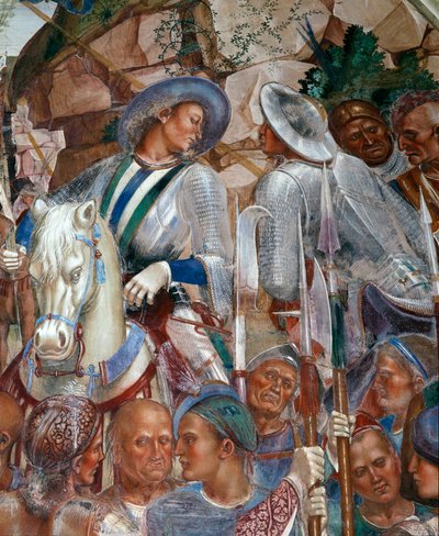San Benito recibe a Totila que ha venido a disculparse por haber puesto a prueba a Benito (detalle) de Luca Signorelli