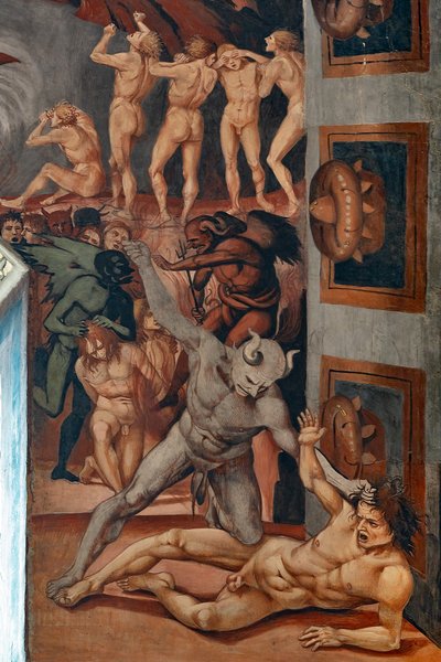 Llamada al Infierno, fdetail que muestra el Antehell, tomado de la descripción de Dante de Luca Signorelli