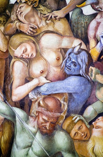 Condenados en el infierno, detalle con autorretrato de Luca Signorelli en forma de demonio azul, del ciclo de frescos del Juicio Final de Luca Signorelli