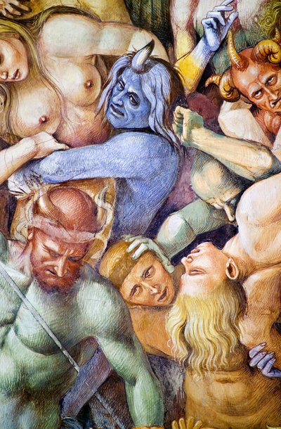 Condenados en el infierno, detalle con autorretrato de Luca Signorelli en forma de demonio azul, del ciclo de frescos del Juicio Final de Luca Signorelli