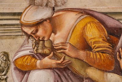 Lamentación de Cristo muerto entre los dos santos de Orvieto (S. Parenzo a la derecha y S. Faustino a la izquierda), detalle de Luca Signorelli