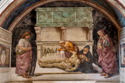 Lamentación del Cristo Muerto entre los dos santos de Orvieto (S. Parenzo a la derecha y S. Faustino a la izquierda) de Luca Signorelli