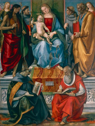 Madonna y Niño con San Juan Bautista, San Francisco de Asís, San Antonio de Padua, San José Bonaventura y San Jerónimo de Luca Signorelli