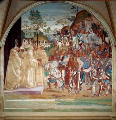 San Benito de Nursia recibiendo a Totila (siglo VI) rey de los Ostrogodos fresco del refectorio de los monjes hecho por Luca Signorelli relatando la vida de San Benito de Nursia (480 - 567) fundador de la Orden de los Benedictinos. 1503 - 1508 Abadía de Luca Signorelli