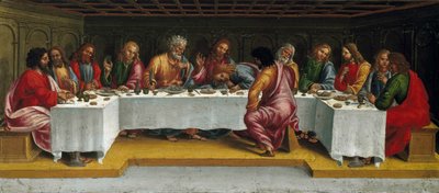 La última cena. Lamentación sobre el Cristo muerto, panel de predela de Luca Signorelli