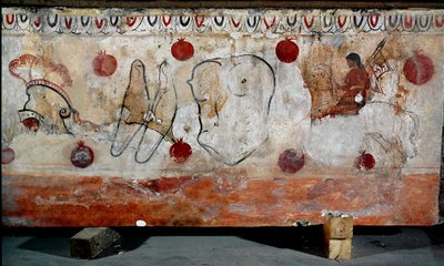 Un jinete y los diferentes elementos de su armadura Fresco lucano del siglo IV a.C., de la necrópolis de Paestum, Italia. Museo nacional arqueológico, Paestum de Lucanian School