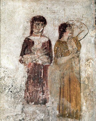 Retrato de dos mujeres Fresco lucano del siglo IV a.C., de la Tumba del Jinete, sitio de Paestum, Italia. Museo nacional arqueológico, Paestum de Lucanian School