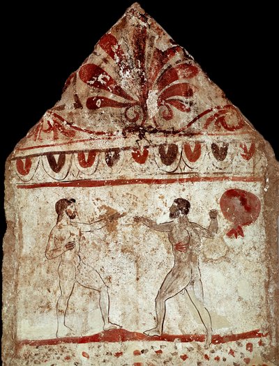 Dos atletas jugando pugilato (boxeo). Fresco lucano del siglo IV a.C., de la necrópolis de Paestum, Italia. Museo Nacional Arqueológico, Paestum de Lucanian School