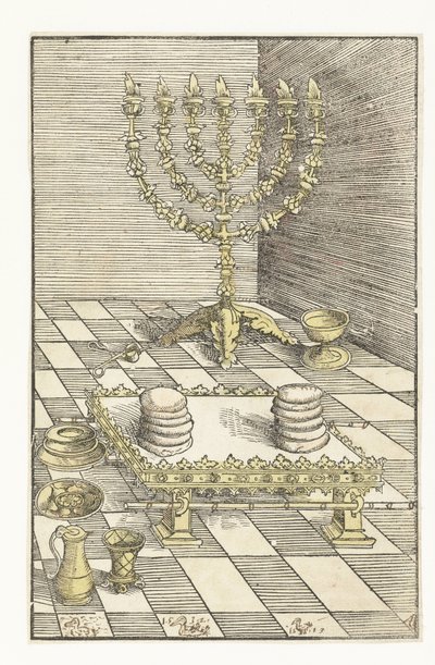 Candelabro de siete brazos y mesa con el pan de muestra de Lucas Cranach