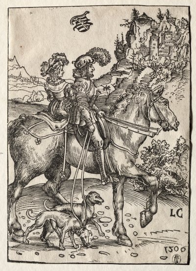 Un caballero y una dama cabalgando hacia la caza de Lucas Cranach