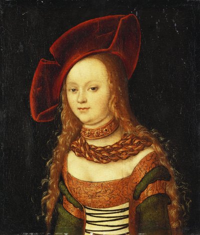 Retrato de una Joven, Medio Cuerpo, con un Traje Verde y Dorado y un Sombrero Rojo de Lucas Cranach