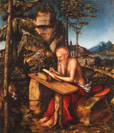 San Jerónimo escribiendo en un paisaje rocoso, c.1515 de Lucas Cranach