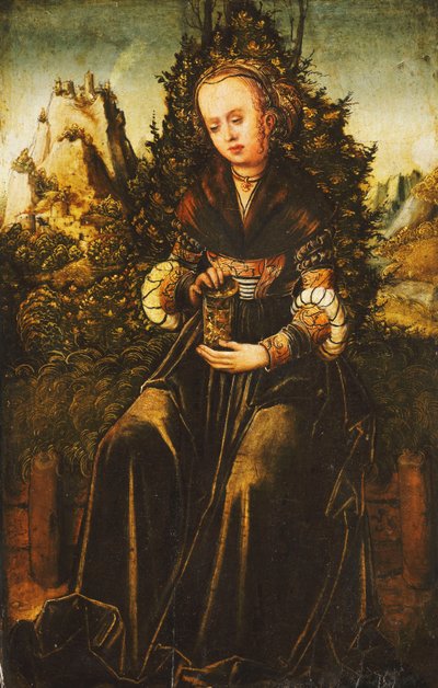 Santa María Magdalena sentada en un borde herboso en un paisaje montañoso de Lucas Cranach