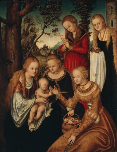 Alemán: Maria mit dem Jesusknaben und den Heiligen Katharina, Dorothea, Margaretha und Barbara (Sogenannte 