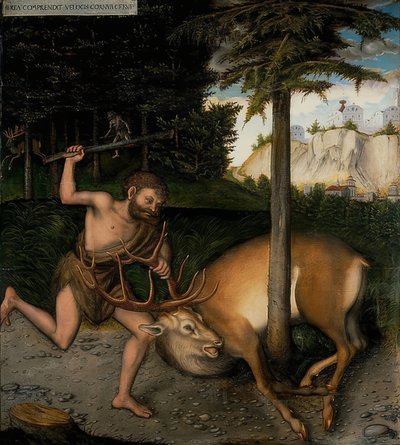 Hércules y la cierva de Cerinia. De la serie de las hazañas de Hércules. Después de 1537 de Lucas Cranach the Elder