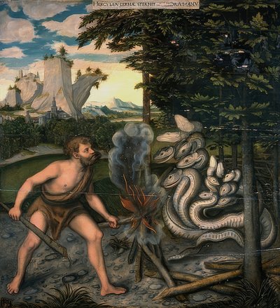 Hércules y la serpiente de Lerna. De la serie de las hazañas de Hércules. Después de 1537 de Lucas Cranach the Elder