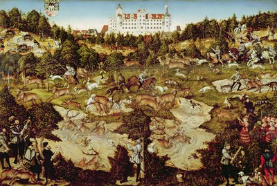 Caza en honor del Emperador Carlos V cerca del Castillo de Hartenfels, Torgau, 1544 de Lucas Cranach the Elder