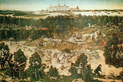 Caza en Honor del Emperador Carlos V cerca del Castillo de Hartenfels, Torgau, 1544 de Lucas Cranach the Elder