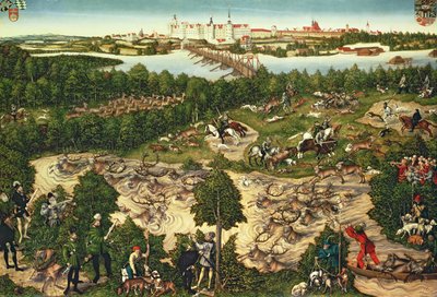 Caza en honor del emperador Carlos V cerca del castillo de Hartenfels, Torgau, 1544 de Lucas Cranach the Elder