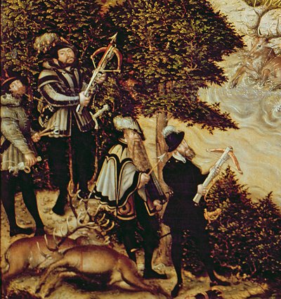 Johann Friedrich el Magnánimo, Elector de Sajonia y el Emperador Carlos V cazando ciervos cerca del Castillo de Hartenfels, Torgau, 1544 (detalle) de Lucas Cranach the Elder