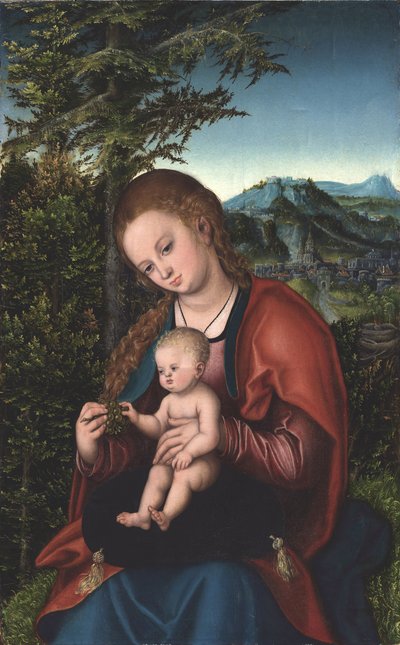 Virgen con el Niño en un paisaje". de Lucas Cranach the Elder