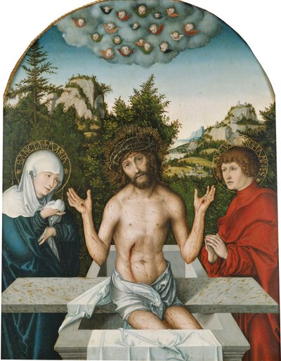 Retablo Pfirtscher: Cristo como Varón de Dolores, sentado en un sarcófago entre la Virgen y San Juan [panel central]. de Lucas Cranach the Elder