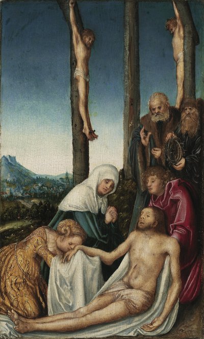 La lamentación con los dos ladrones crucificados de Lucas Cranach the Elder