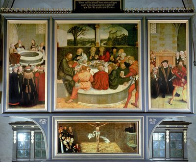 Tríptico, panel izquierdo, Felipe Melanchthon realiza un bautismo asistido por Martín Lutero; panel central, la Última Cena con Lutero entre los Apóstoles; panel derecho, Lutero hace su confesión; Lutero de Lucas Cranach the Elder