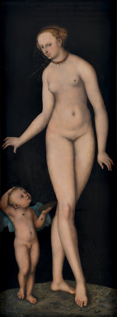 Venus con Cupido como ladrón de miel sobre fondo negro de Lucas Cranach the Elder