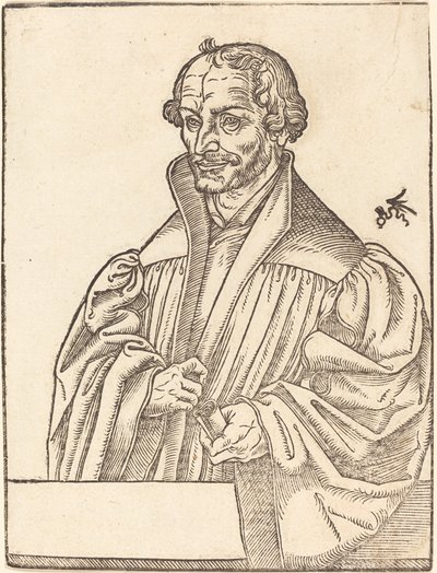 Philip Melanchton, medio cuerpo a la izquierda, de pie detrás de un parapeto de Lucas Cranach the Younger