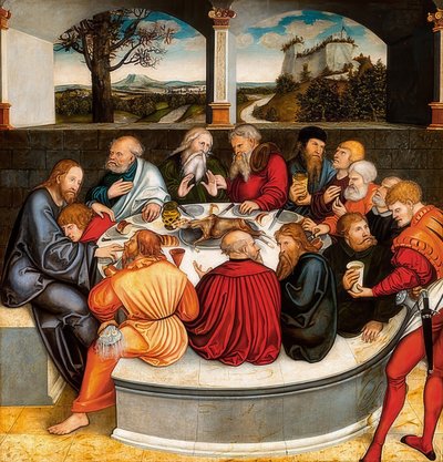 Altar de la Reforma, panel central del frente: Martín Lutero entre los Apóstoles en la Última Cena de Lucas Cranach the Younger