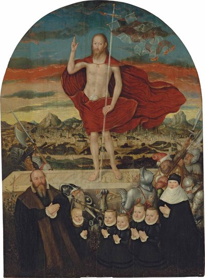 Cristo resucitado con una familia donante de Lucas Cranach the Younger