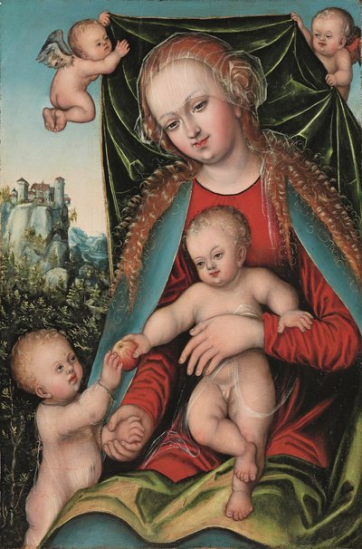 La Virgen y el Niño con el Niño San Juan Bautista y ángeles, paisaje de bosque con una fortaleza en lo alto de un acantilado, c.1512 (óleo sobre tabla) de Lucas The Elder (studio of) Cranach