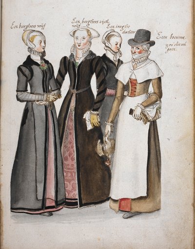 Cuatro inglesas vestidas de la época isabelina: la esposa de un ciudadano de Londres, la esposa de un ciudadano adinerado de Londres, la hija de la esposa de un ciudadano de Londres y una campesina, 