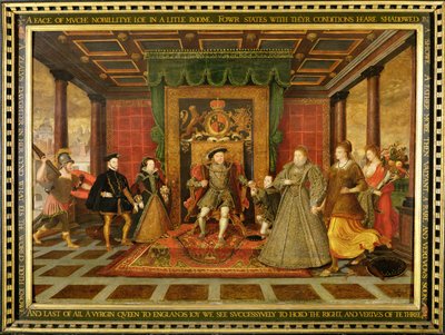 La familia de Enrique VIII: alegoría de la sucesión de los Tudor, c.1572 (óleo sobre tabla) de Lucas de Heere