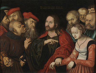 Cristo y la mujer sorprendida en adulterio, c.1700 (óleo sobre madera) de Lucas the Elder (after) Cranach