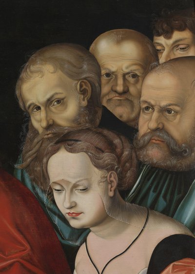 Cristo y la mujer sorprendida en adulterio, detalle, c.1700 (óleo sobre madera) de Lucas the Elder (after) Cranach
