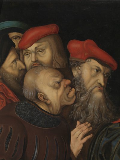 Cristo y la mujer sorprendida en adulterio,detalle, c.1700 (óleo sobre madera) de Lucas the Elder (after) Cranach