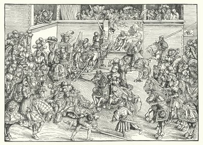 El torneo con el tapiz de Sansón y el león de Lucas the Elder (after) Cranach